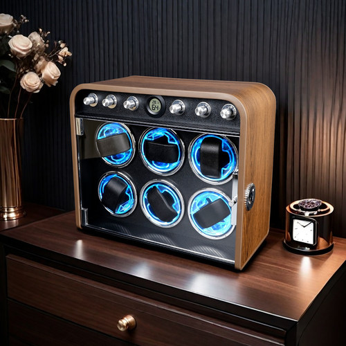 黑胡桃纹6表位指纹锁自动摇表器