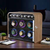 黑胡桃木纹六表位带锁摇表器自动机械表转表器LED灯手表盒上弦器