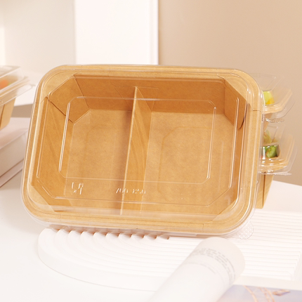 一次性牛皮纸双格八角盒耐高温长方形带盖轻食沙拉果切野餐打包盒