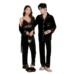 秋冬季金丝绒情侣睡衣女长袖吊带长袖三件套家居服男款可外穿套装