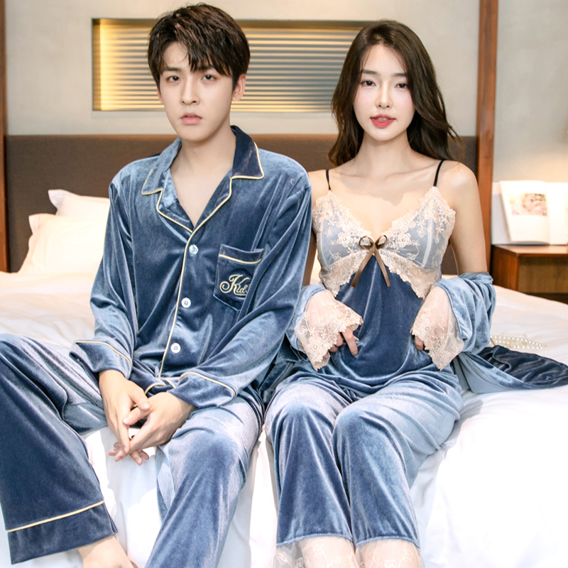 秋冬季金丝绒情侣装睡衣女款性感长袖吊带睡袍三件套装男士家居服