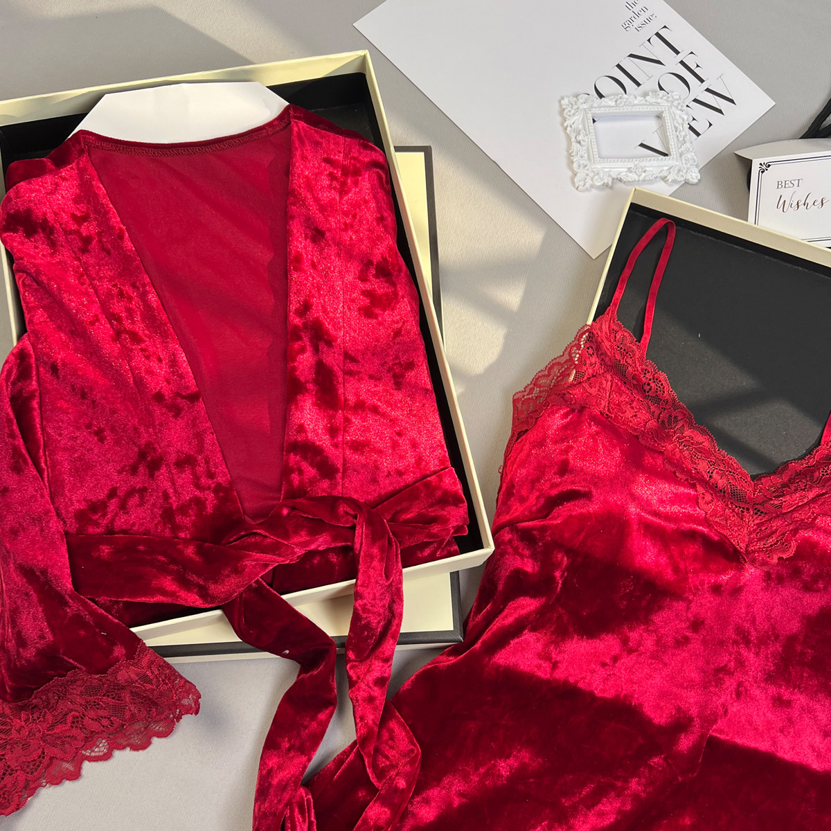 乐姿梦性感睡衣女款春秋冬季高级感红色金丝绒吊带睡裙睡袍家居服