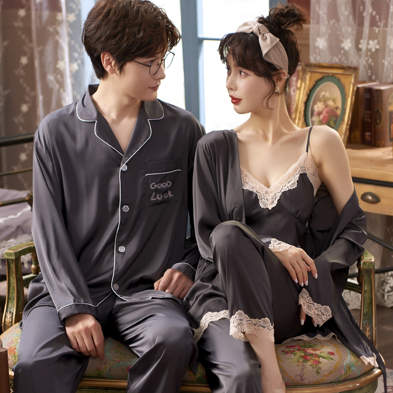 春秋情侣睡衣女冰丝小性感三件套