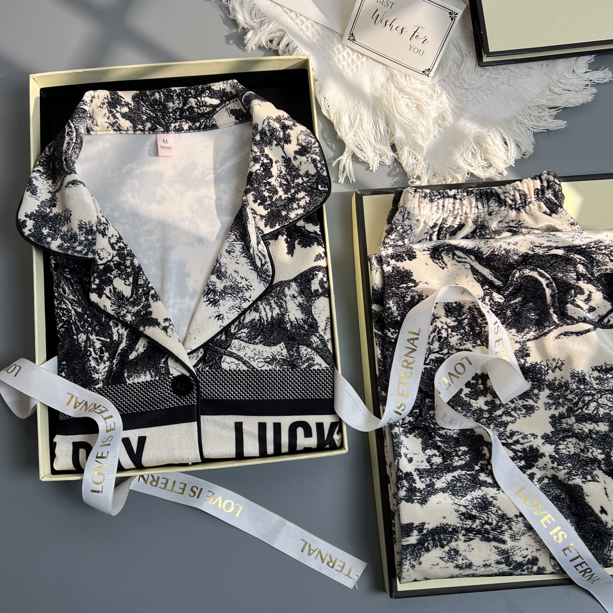 复古水墨画金丝绒情侣睡衣女秋冬季加绒高级