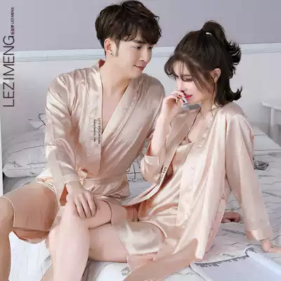 Spring and summer men's and women's long version of bathrobe thin couple's pajamas Ice Silk sexy sling women's nightgown