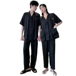 情侣睡衣夏季冰丝女性感V领2026年新款短袖长裤高级感男士可外穿