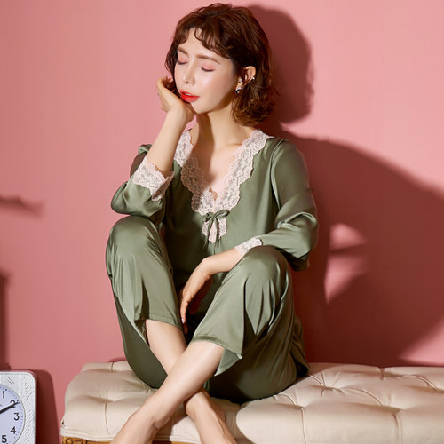 乐姿梦睡衣女春秋季冰丝质小性感