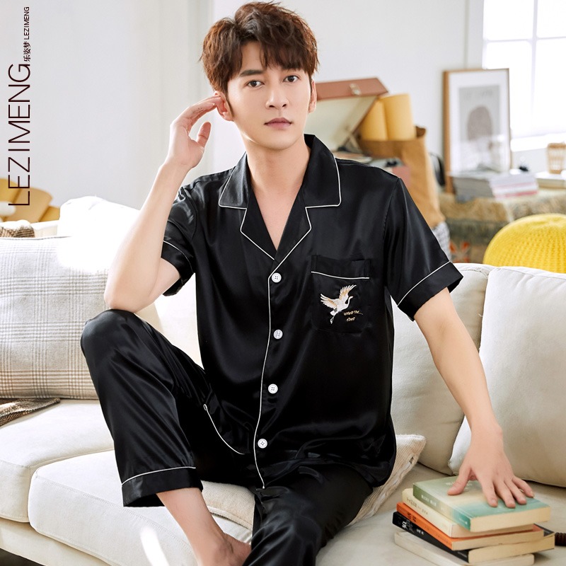 睡衣男士夏季冰丝短袖长裤简约纯色开衫黑色春夏款丝绸套装家居服