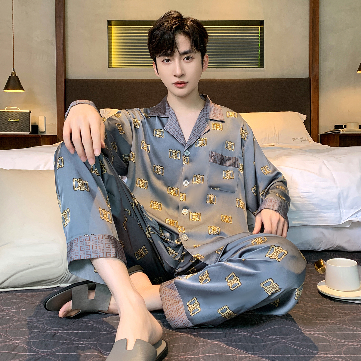 男士冰丝绸春季新款睡衣家居服套