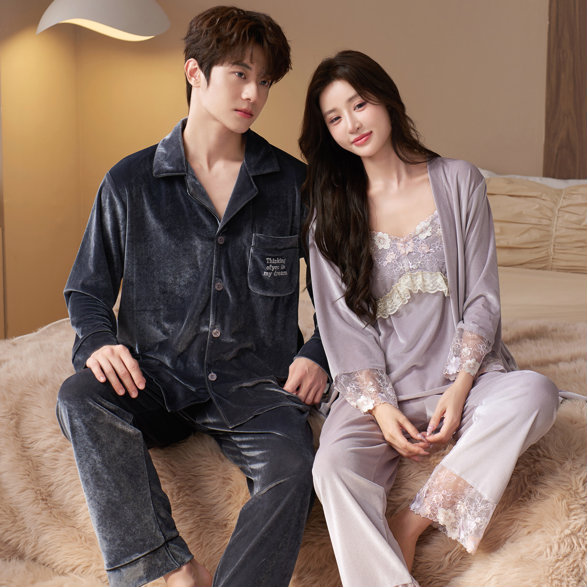 情侣睡衣女秋冬季金丝绒性感蕾丝花边三件套