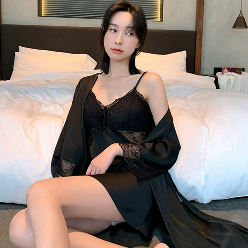 Сексуальная осенняя демисезонная шелковая тонкая пижама, кружевной банный халат, комплект, эффект подтяжки