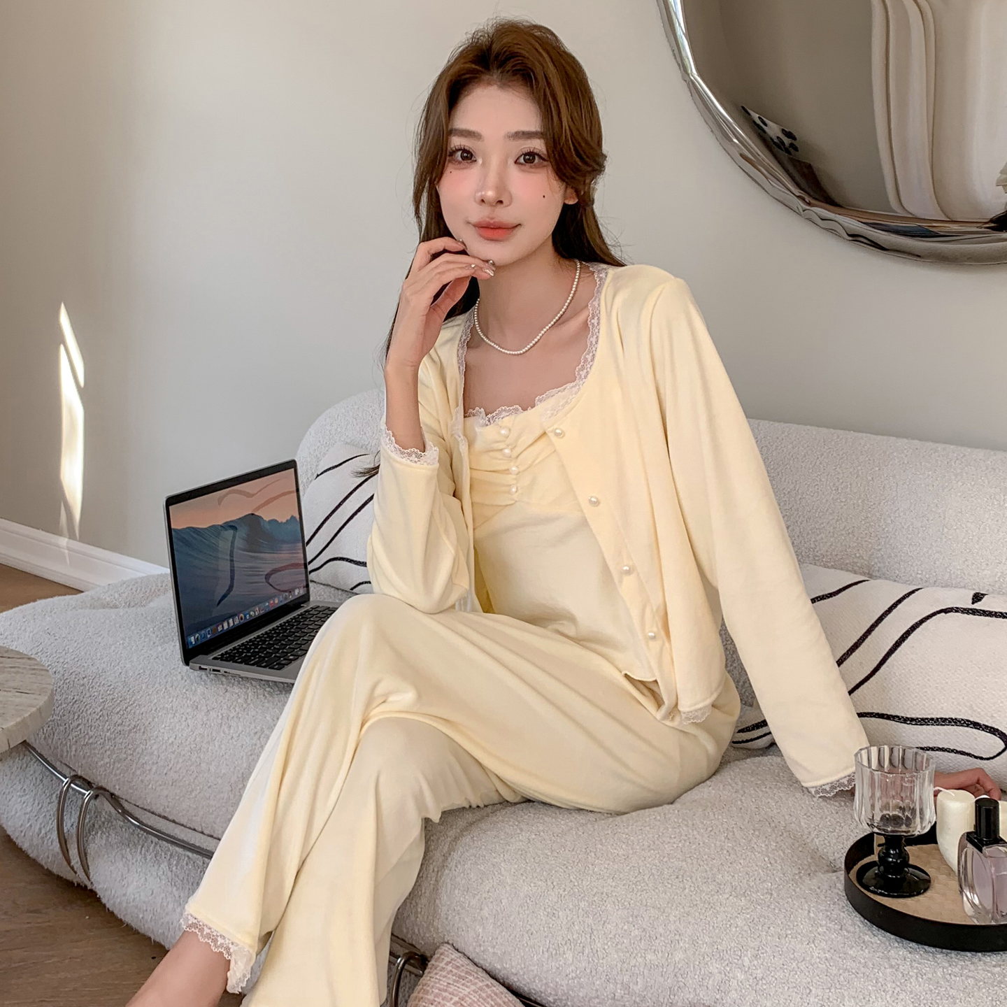 乐姿梦秋冬季海岛绒睡衣女长袖吊带蕾丝边三件套装加绒保暖家居服