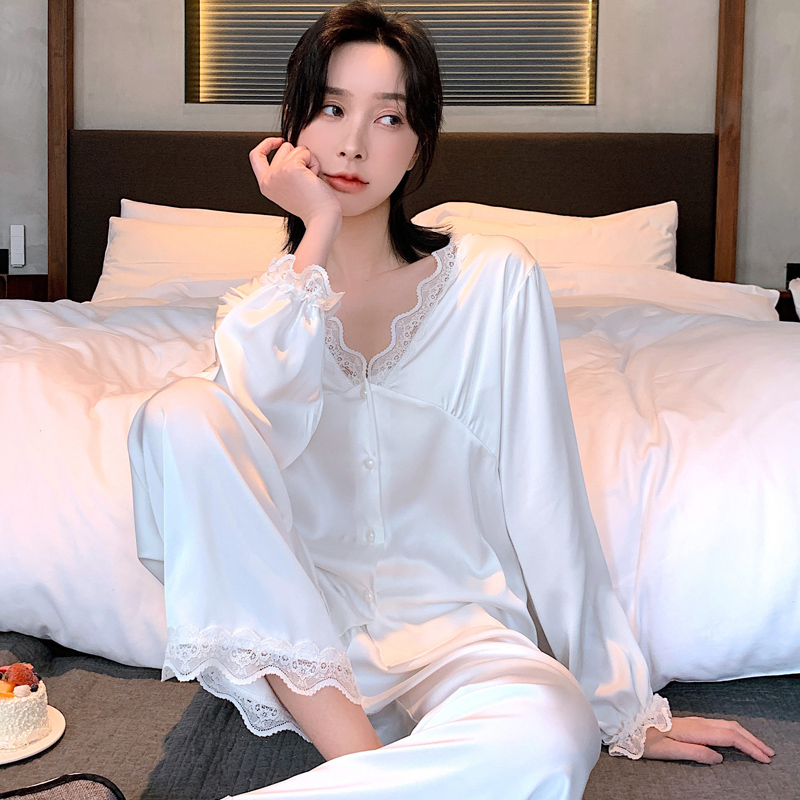 睡衣女春秋款长袖性感白色花边公主甜美冰丝绸夏季蕾丝v领家居服