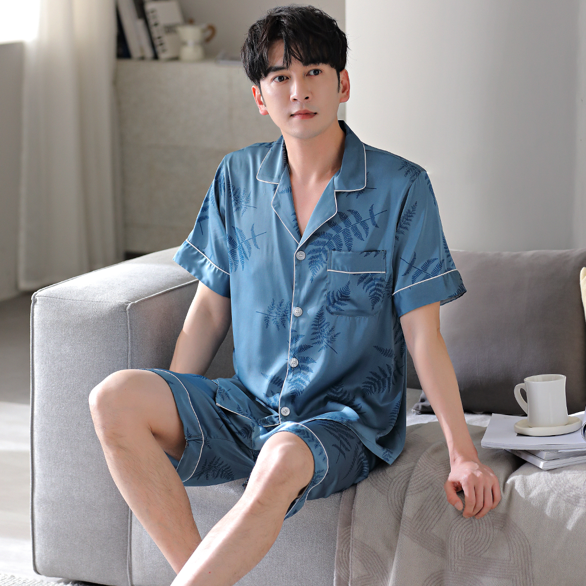 男士冰丝绸夏季新款睡衣家居服套