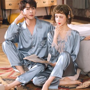 薄款 长袖 冰丝绸可爱套装 男士 家居服 2021新款 夏季 情侣睡衣女春秋款