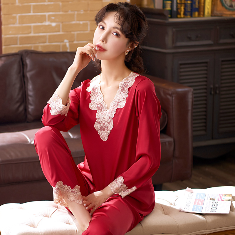 新款红色本命年睡衣女春秋夏季长袖薄款冰丝性感蕾丝丝绸两件套装