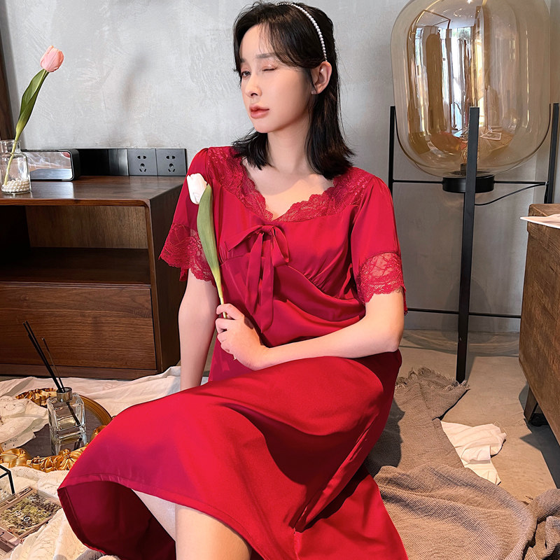 睡衣睡裙女夏季冰丝短袖红色性感蕾丝法式方领夏天宫廷仙女风长裙