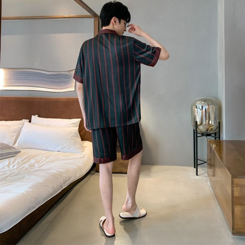 睡衣男夏季薄款冰丝男士短袖短裤家居服夏天条纹高级感丝绸两件套