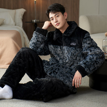 乐姿梦睡衣男士冬季三层加厚保暖夹棉袄珊瑚绒冬天男款家居服套装
