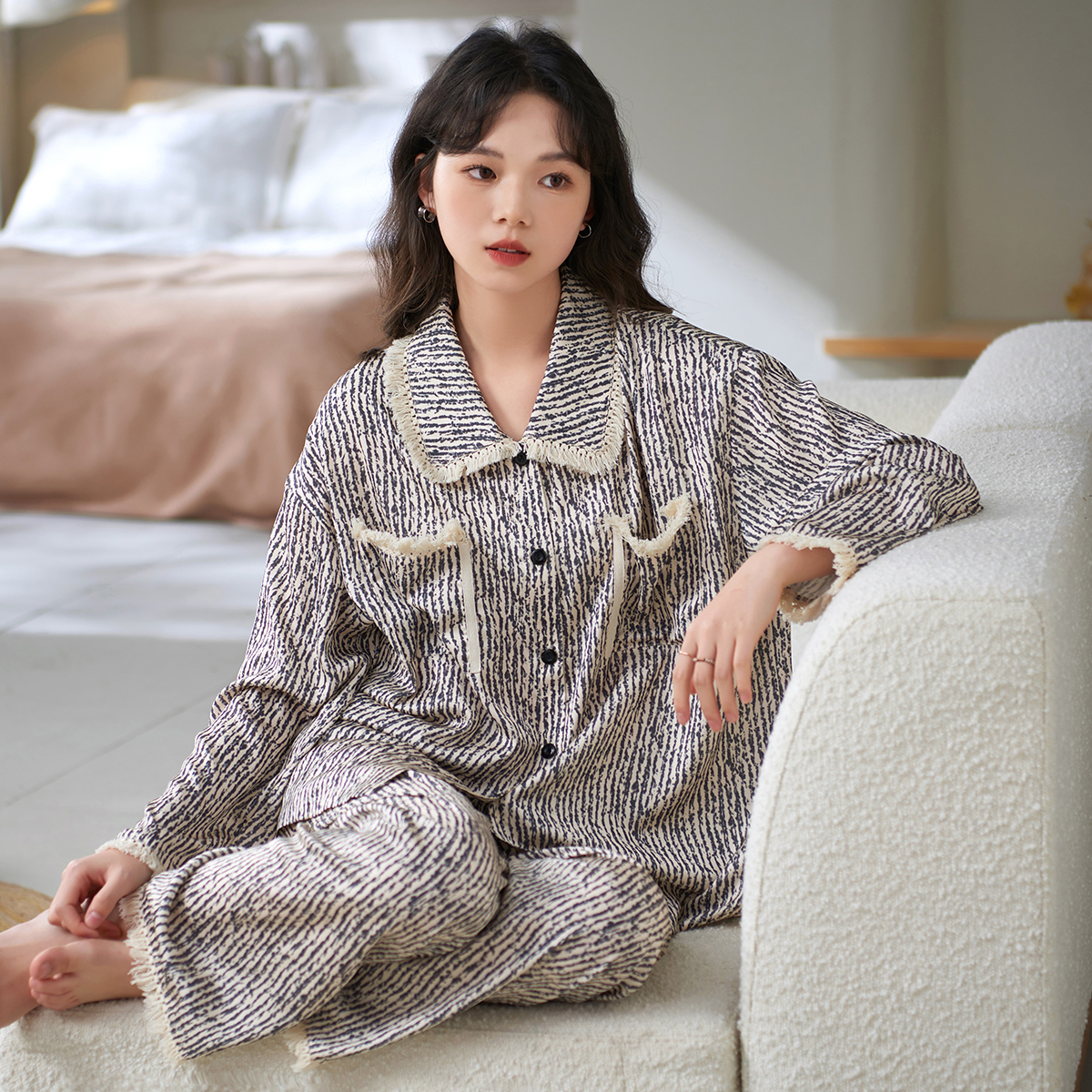 女士冰丝绸春秋季睡衣家居服套装