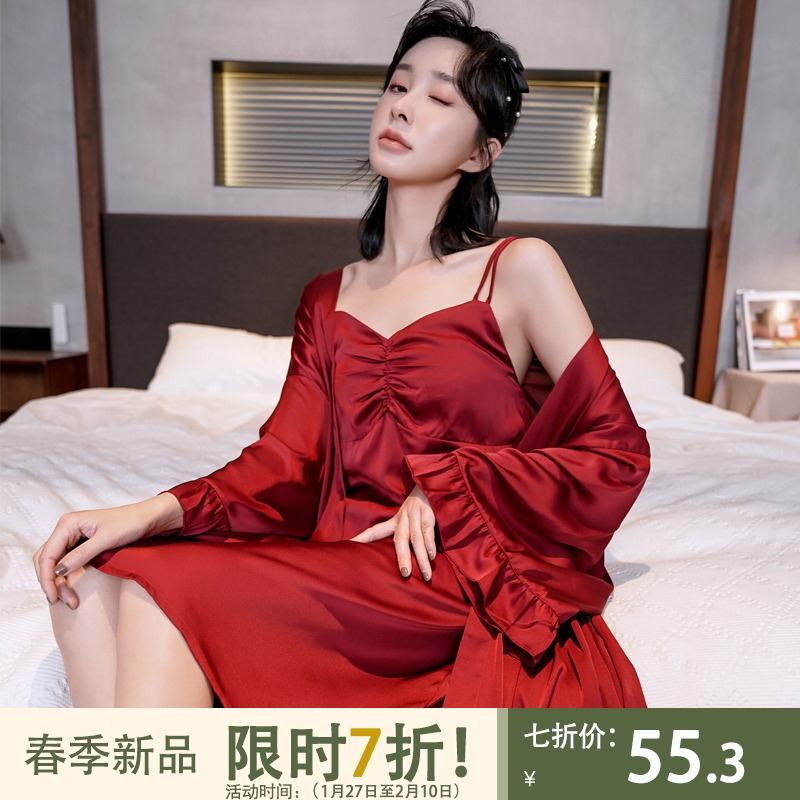 乐姿梦春秋季冰丝绸薄款性感睡裙新娘晨袍红色结婚婚礼睡袍睡衣女
