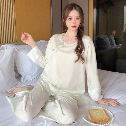 女士冰丝绸春秋季睡衣家居服套装