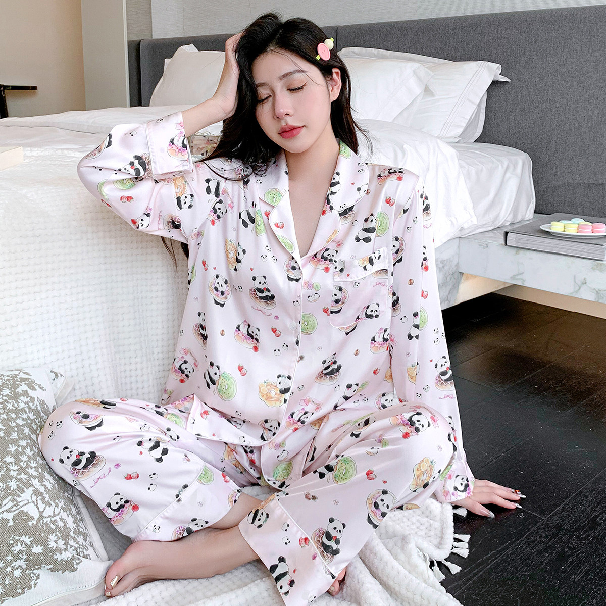 乐姿梦冰丝睡衣女春秋款长袖薄款丝绸可爱熊猫家居服外穿少女套装