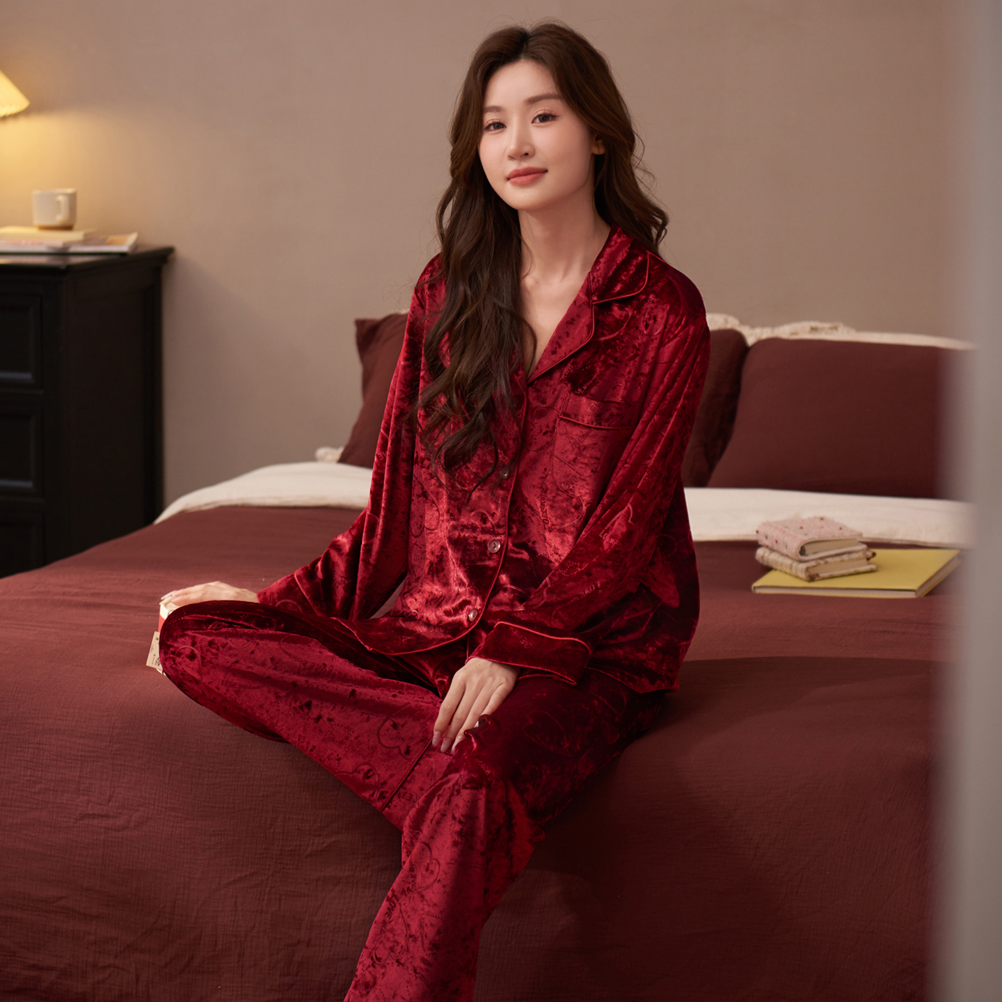 乐姿梦睡衣女士春秋金丝绒长袖秋冬季金钻绒套装家居服本命年红色