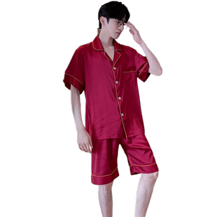 睡衣男士夏季冰丝短袖短裤仿真丝质男款夏天夏款本命年大红色套装