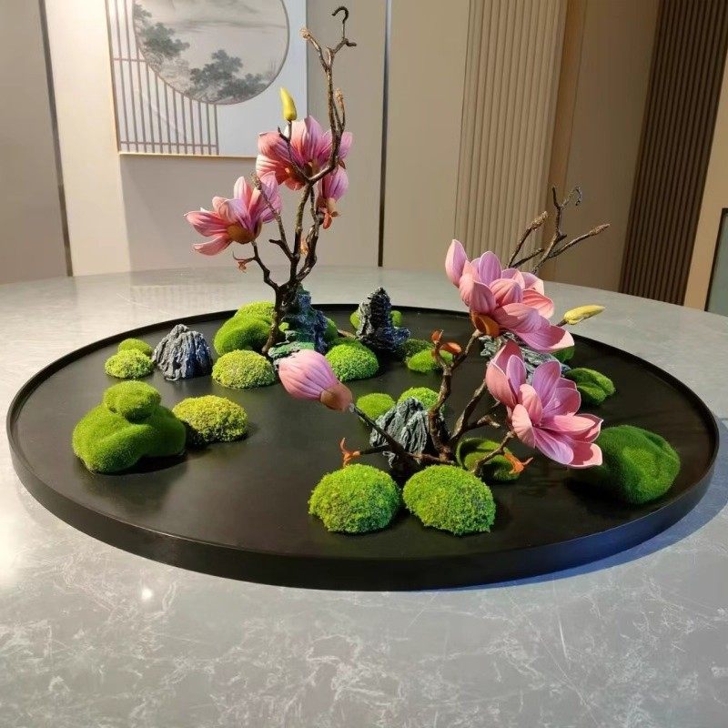 仿真花艺微造景观酒店圆形餐桌电动转盘中间摆放装饰假山盆景盘花
