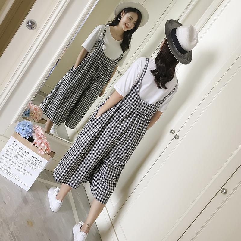 格子背帶褲女闊腿春夏2018新款韓版百搭顯瘦學生七分寬松吊帶褲潮