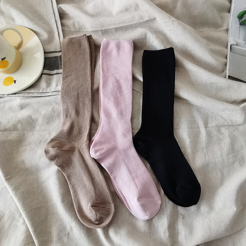 百搭提花长袜甜美纯色双针堆堆袜