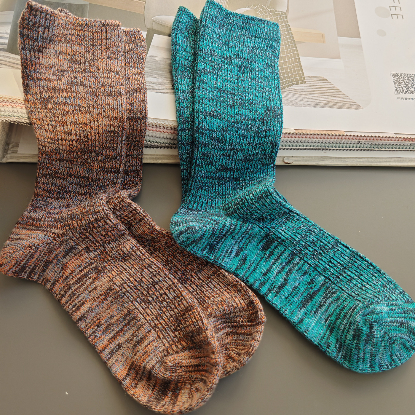 外贸羊毛袜女士保暖中筒袜冬季加厚纯色简约舒适棉袜双针堆堆袜