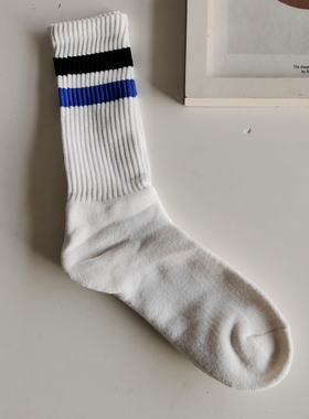 外贸男条纹运动中筒袜棉学院风吸湿纯色白色全毛圈袜篮球袜户外