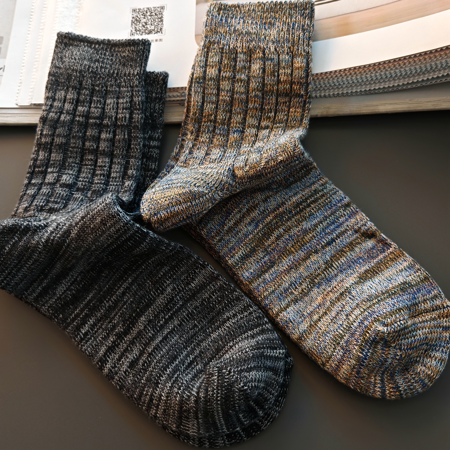 复古双针针织粗线中筒袜