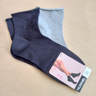 外贸出口德国老人松口袜女袜卷边棉镶钻黑色浅灰色一组吸汗透气