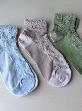 外贸出口日本棉复古女袜浮雕短袜吸汗透气浅灰色墨绿色宽口老人