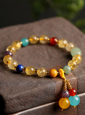 原创设计多宝饰品 巴西天然金发晶手链女款手串复古玛瑙粉晶手串