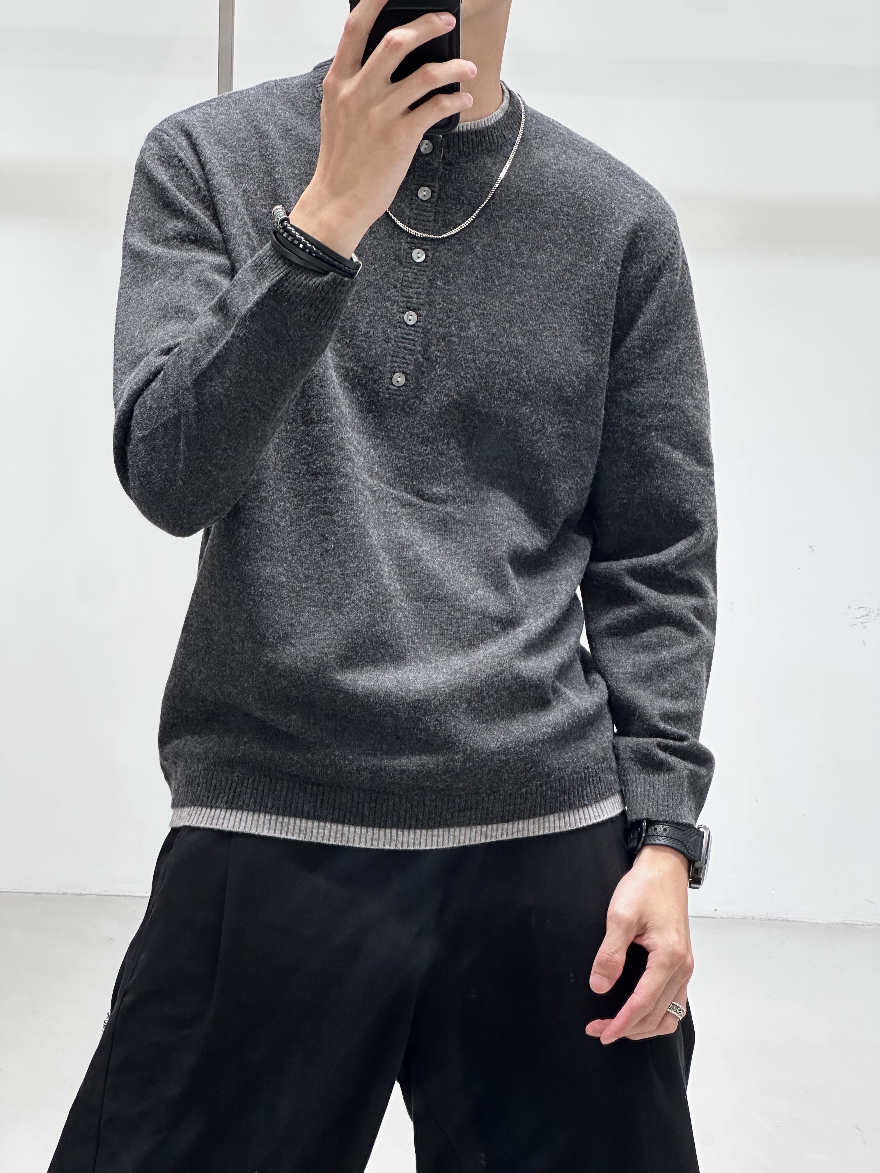 实体高品质秋季男假两件拼接羊毛混纺套头毛衣韩系保暖内搭打底衫