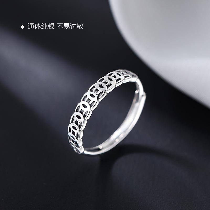 S925纯银复古戒指女招财聚财钱币个性设计感简约小众开口转运指环