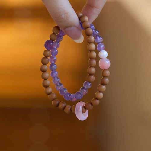 天然紫水晶手链女奶香芭比檀木新中式双圈叠戴手串高级感水晶手串