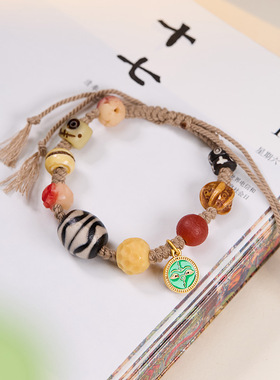 藏式古法天珠玛瑙手链多宝编织手搓棉线可调节手链国潮民族风男女