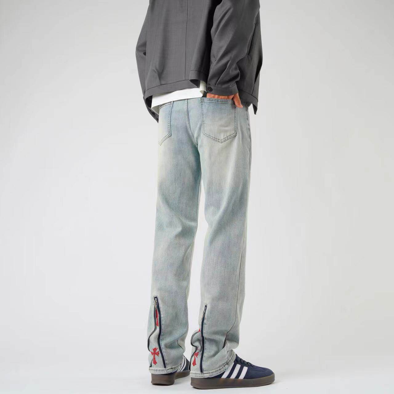 实体蓝色黑色微喇牛仔裤男款秋冬季欧美高街vibe风裤子潮牌直筒裤