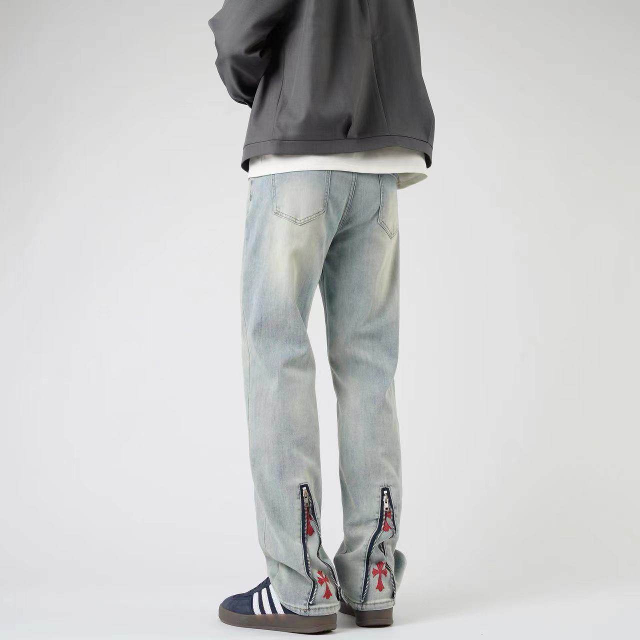 实体蓝色黑色微喇牛仔裤男款秋冬季欧美高街vibe风裤子潮牌直筒裤