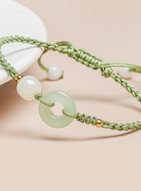 和田玉手链绿色系显白平安扣手工编织绿色手绳简约女生礼物小众