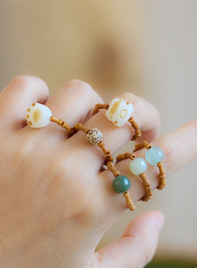 新中式天然和田玉戒指女指环核桃竹节尾戒文玩汉服国风配饰批发