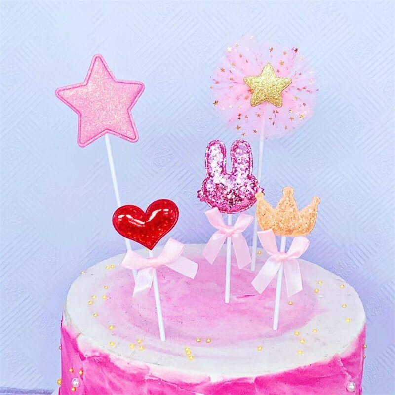 星星小兔子爱心蝴蝶结插牌装饰布艺插排蕾丝网纱生日蛋糕插件套装