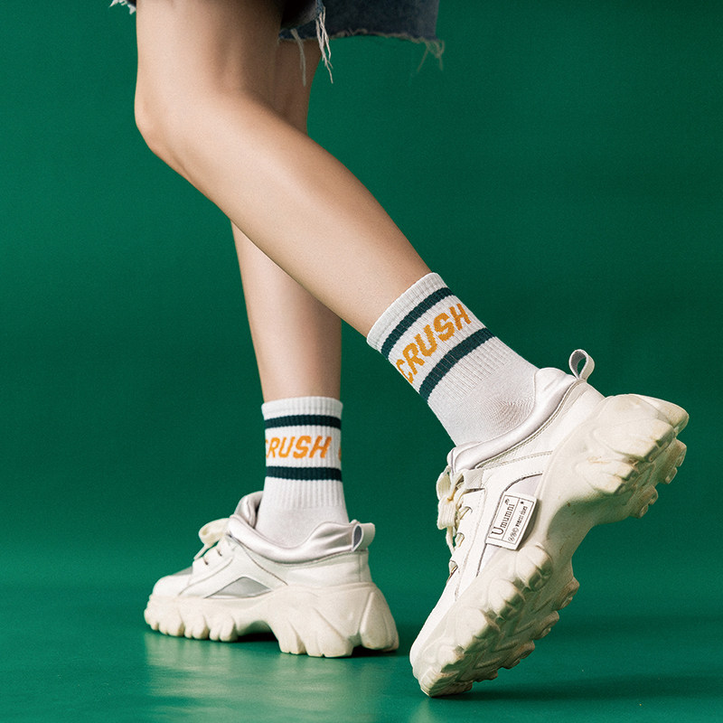 黑白色袜子女中筒袜春秋冬薄款长筒长袜女网红日系ins潮纯色棉袜