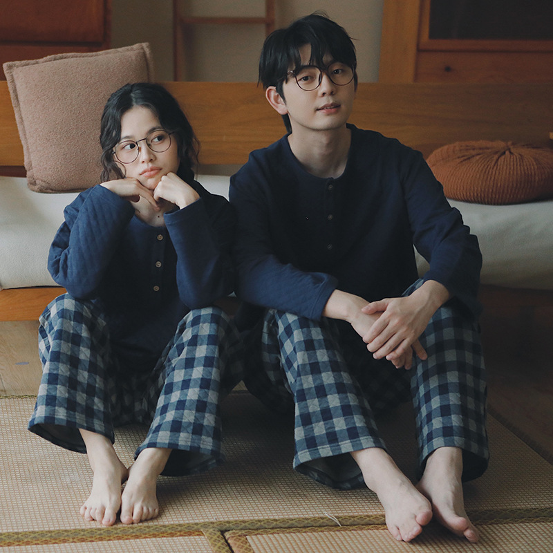 2025新款无印情侣睡衣女款秋冬季夹棉纯棉大码可外穿全棉家居服男