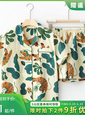 新款日系纱布睡衣女夏季短袖短裤女C士全棉家居服纯棉睡衣套装春